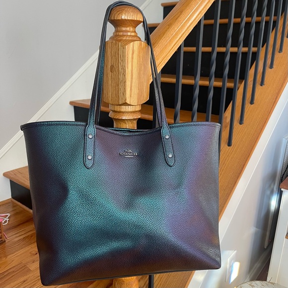 RARE COACH Hologram Metallic Petrol Large City Bag Tote Purple Green Teal Blue - Picture 15 of 16